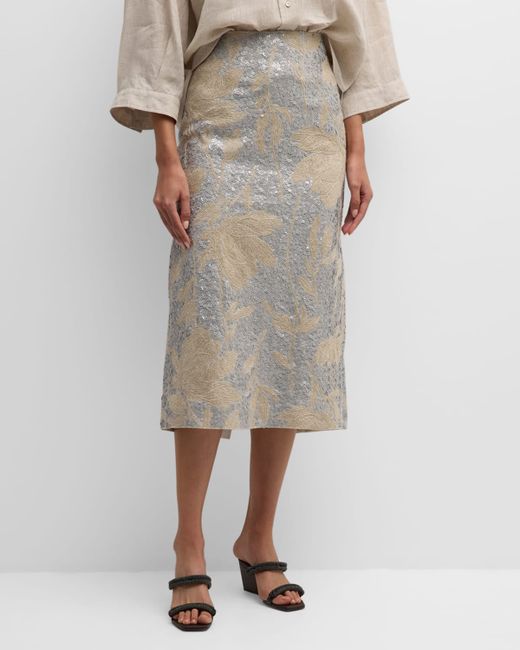 Brunello Cucinelli Linen Midi Skirt with Paillette Magnolia Embroidery