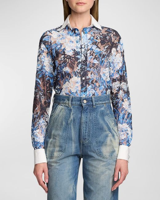 Ralph Lauren Collection Kelley Botanical Print Lace Long-Sleeve Button-Front Shirt