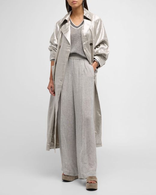 Brunello Cucinelli Metallic Linen Double-Breasted Long Trench Coat