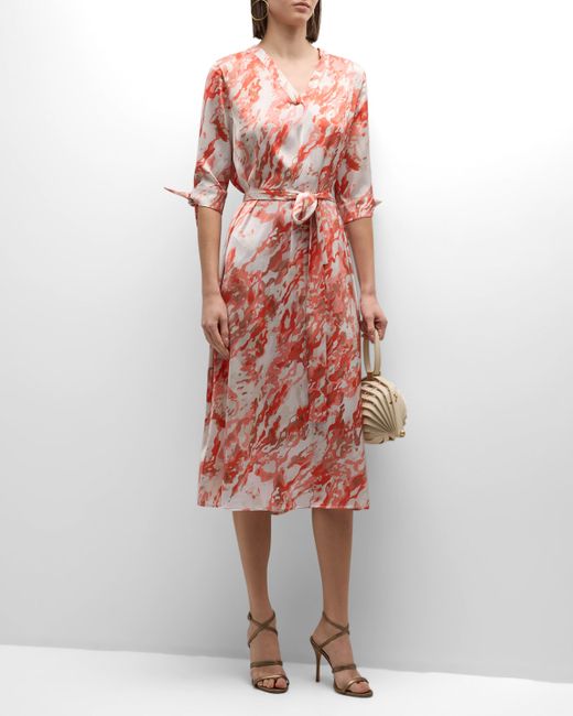 Misook Abstract-Print Belted Crepe De Chine Midi Dress
