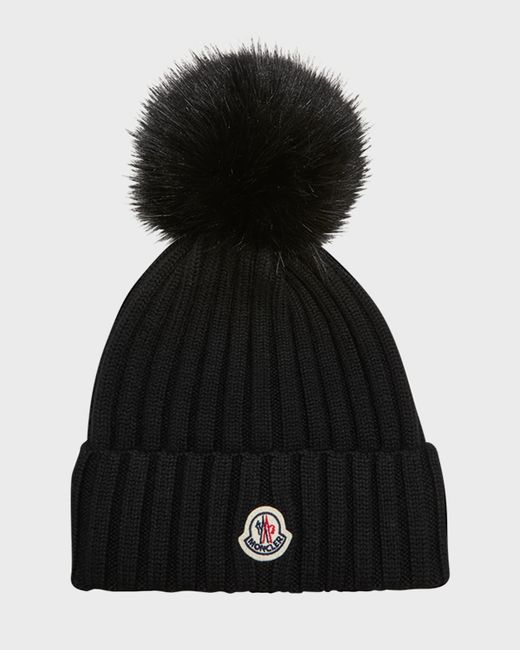 Moncler Ribbed Wool Beanie with Faux Fur Pom