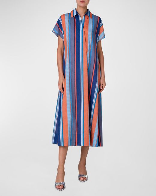 Akris Punto Deck Chair Stripe-Print Short-Sleeve Midi Shirtdress