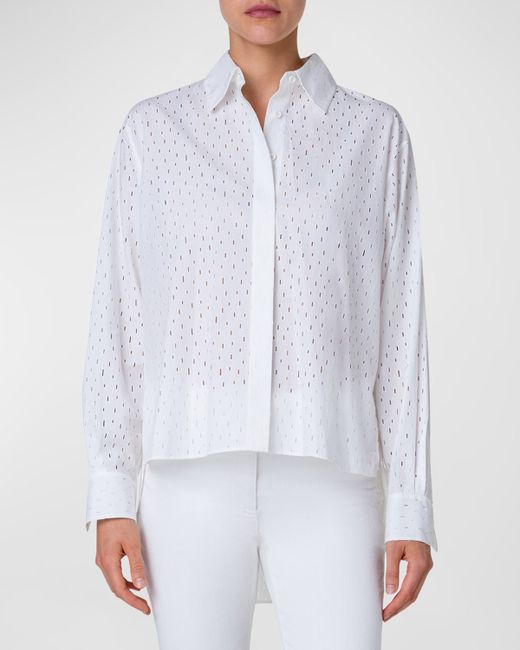 Akris Punto Lasercut Grid Cotton Popeline High-Low Collared Shirt