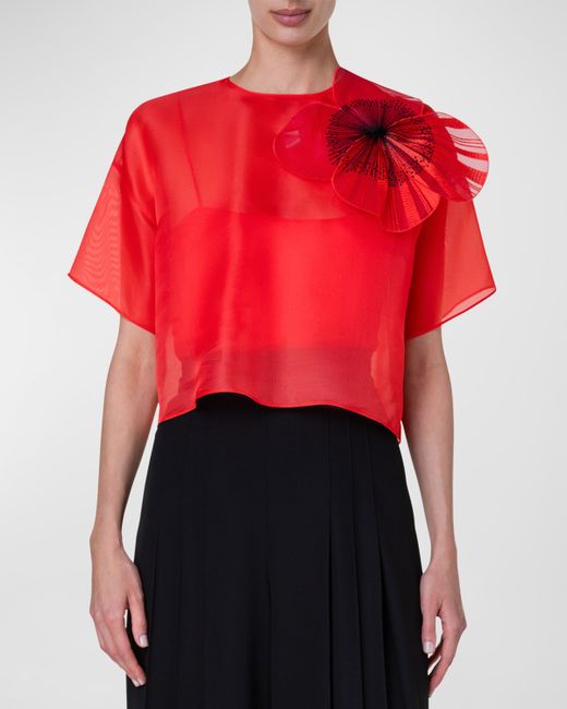 Akris Organza Cropped Blouse with Poppy Patch