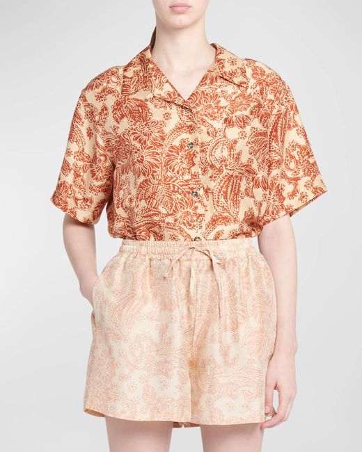 Loro Piana Isoble Woodblock Botanic-Print Silk Short-Sleeve Shirt