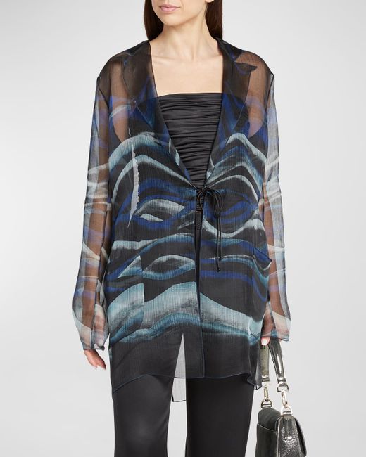 Giorgio Armani Night Water Print Self-Tie Silk Blouse Jacket
