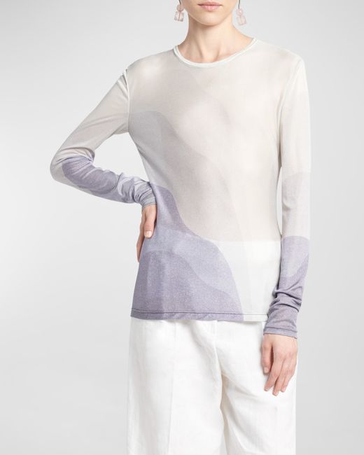 Giorgio Armani Wave-Print Long-Sleeve Metallic Silk Jersey Knit Top