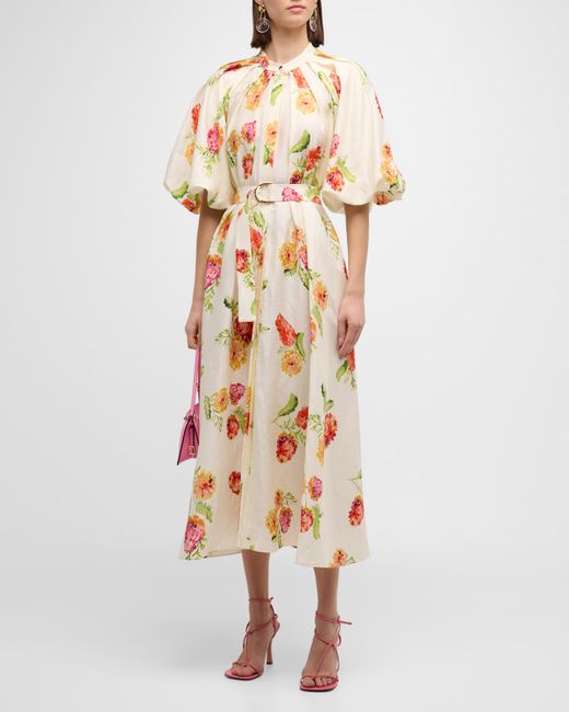 Acler Cranhurst Floral Puff-Sleeve A-Line Midi Dress