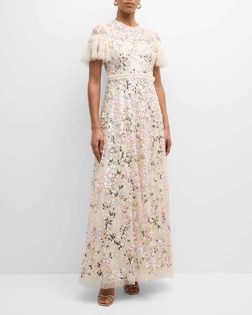 needle & thread Dream Garland Floral Sequin Tulle Gown