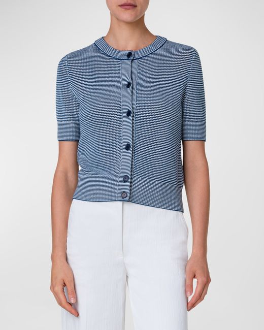 Akris Punto Wool Knit Short-Sleeve Zip-Front Cropped Cardigan