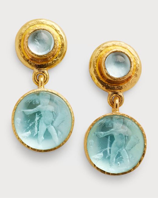 Elizabeth Locke 19K Venetian Glass Intaglio Swinging Earrings with Round 5mm Cabochon Stone