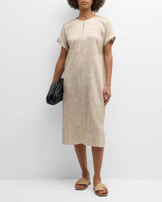 Lafayette 148 New York Crinkled Burlap-Print Silk Midi Shift Dress