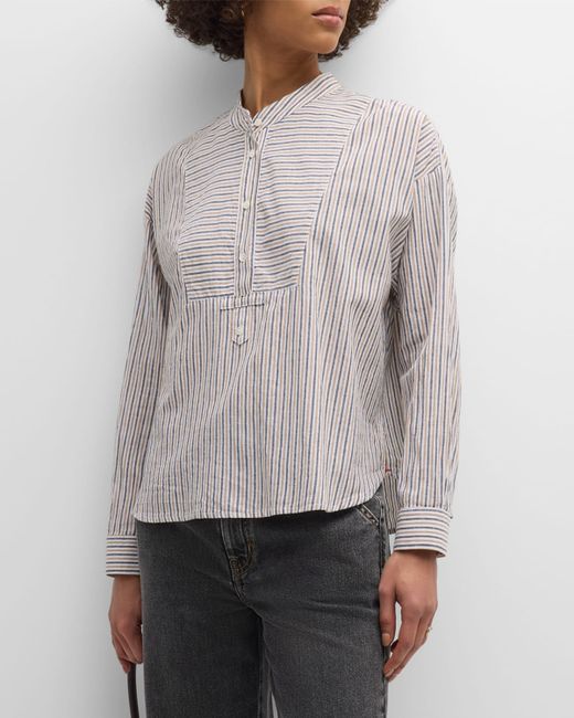 Xirena Jones Striped Band-Collar Cotton Shirt