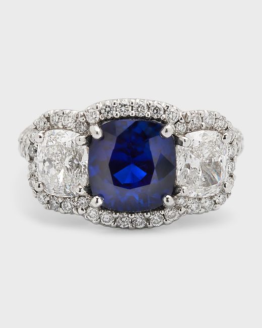 Bayco Platinum Cushion Sapphire and 186 F/VVS1-VS Diamond Ring