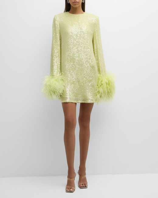 Lapointe Feather-Cuffs Long-Sleeve Sequin Viscose Mini Shift Dress