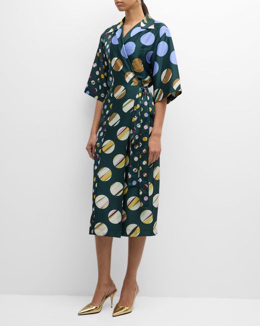 St. John Collage Dot 3/4-Sleeve Midi Wrap Dress