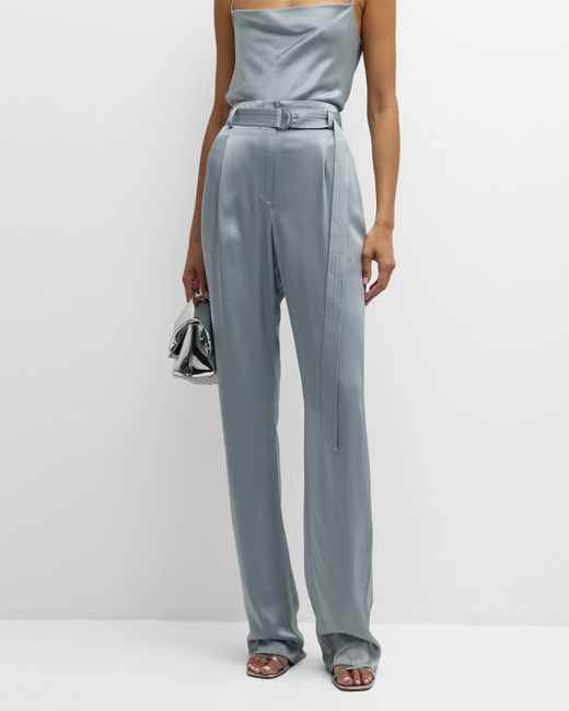 Lapointe High-Rise Belted Pleated Straight-Leg Doubleface Satin Pants