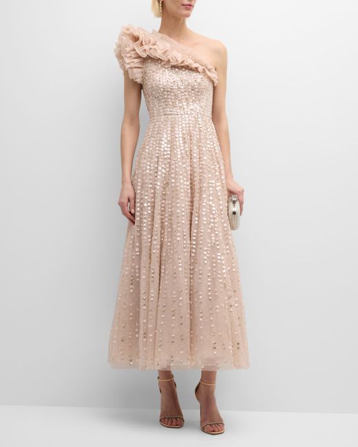needle & thread Raindrop One-Shoulder Sequin Ruffle Tulle Gown