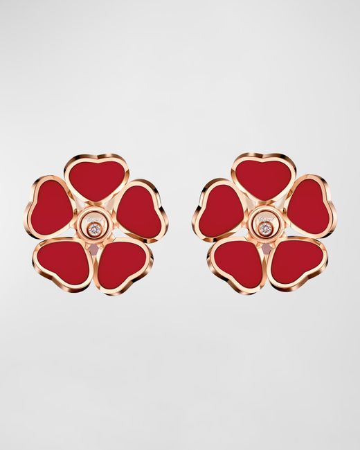 Chopard Happy Hearts 18K Rose Gold Red Stone Flower Diamond Earrings