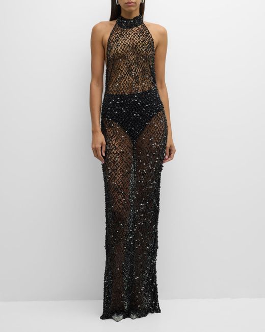 Lapointe Sequined Net Mesh Open-Back Halter Gown