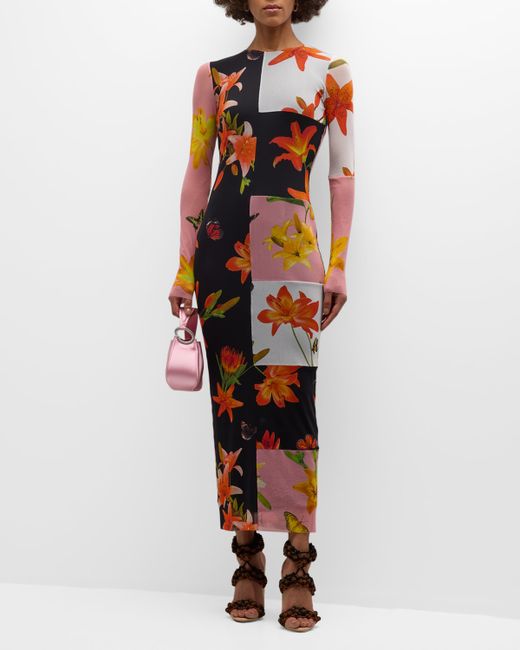 Fuzzi Floral Patchwork-Print Tulle Maxi Dress