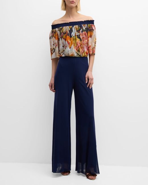 Fuzzi Off-Shoulder Floral-Print Tulle Jumpsuit