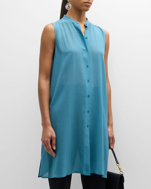 Eileen Fisher Sleeveless Button-Down Sheer Georgette Shirt