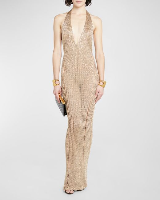 Tom Ford Metallic Knit Plunging Halter Backless Gown