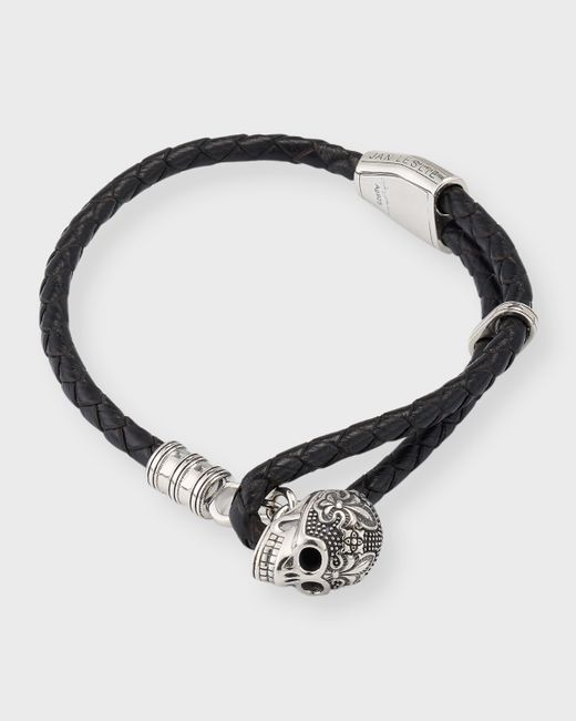 Jan Leslie Braided Leather Bracelet with Sterling Skull