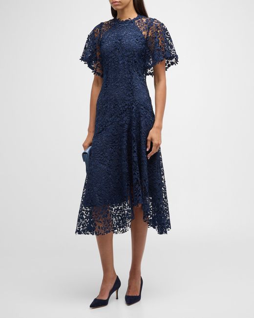 Rickie Freeman for Teri Jon Asymmetric A-Line Floral Lace Midi Dress