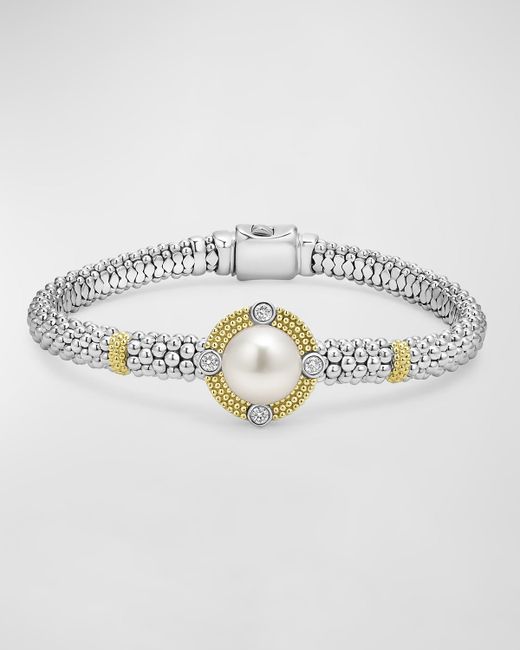 Lagos Sterling and 18K Luna Pearl Lux Center with 4 Diamond Rope Bracelet