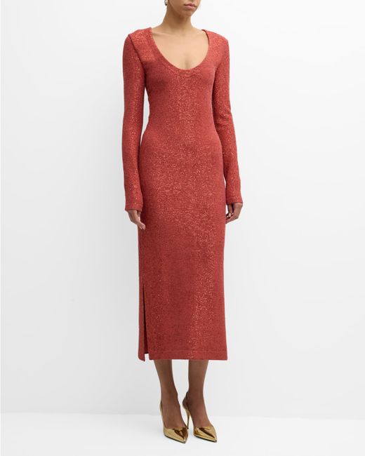 St. John Scoop-Neck Long-Sleeve Stretch Sequin Knit Midi Dress
