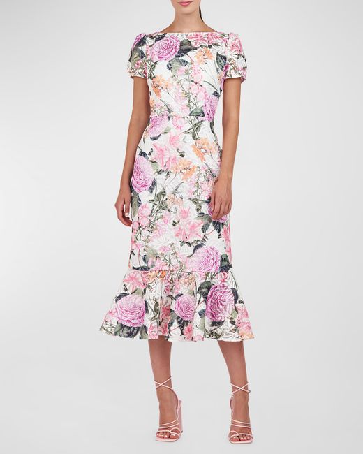 Kay Unger New York Floral-Print Lace Flounce Midi Dress