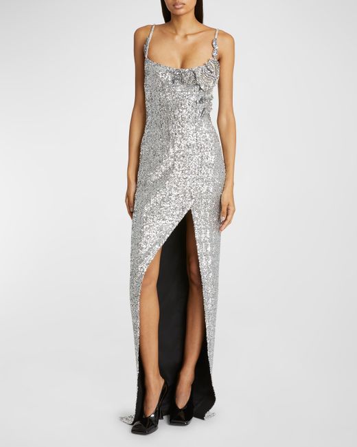 Balmain Sequined Column Gown with Rose Detail