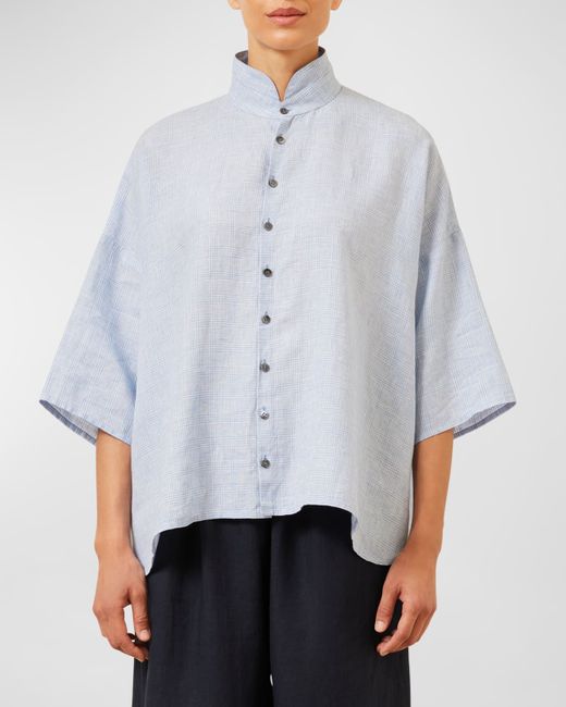 eskandar Gingham Wide A-Line Double Stand Collar Shirt Mid Length