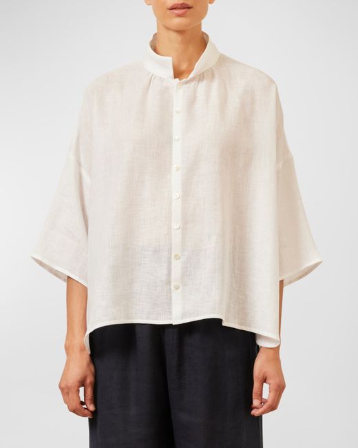 eskandar Sloped-Shoulder Wide A-Line Pleated Collar Short-Sleeve Shirt Mid Length