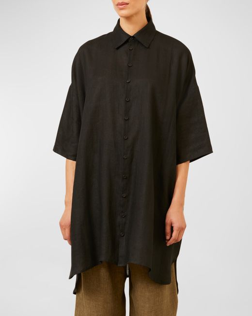 eskandar Sloped-Shoulder Wide A-Line Short-Sleeve Shirt With Collar Very Long