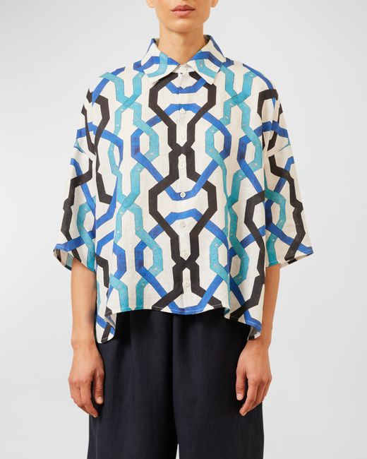 eskandar Sloped-Shoulder Wide A-Line Short-Sleeve Shirt With Collar Mid Length