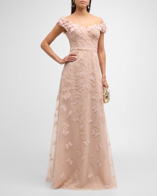 Rickie Freeman for Teri Jon Off-Shoulder Floral-Embroidered Tulle Gown