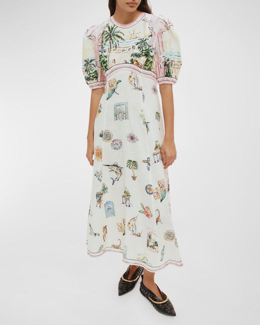 Alemais Sunset Puff-Sleeve Printed Linen Midi Dress