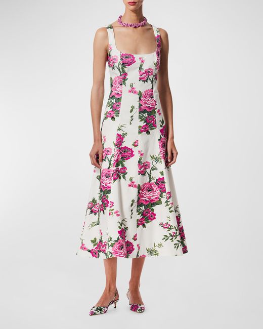 Carolina Herrera Floral-Print Square-Neck Midi Dress