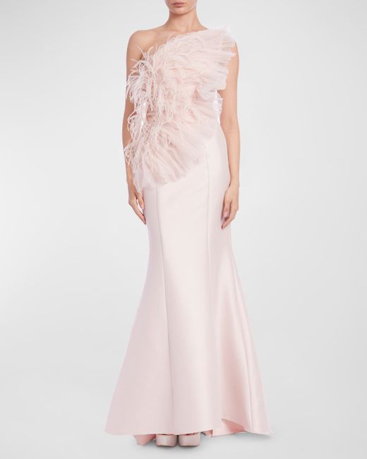 Badgley Mischka Collection Strapless Feather-Embellished Ruffle Gown
