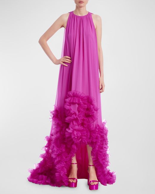 Badgley Mischka Collection High-Low Ruffle-Trim Trapeze Gown