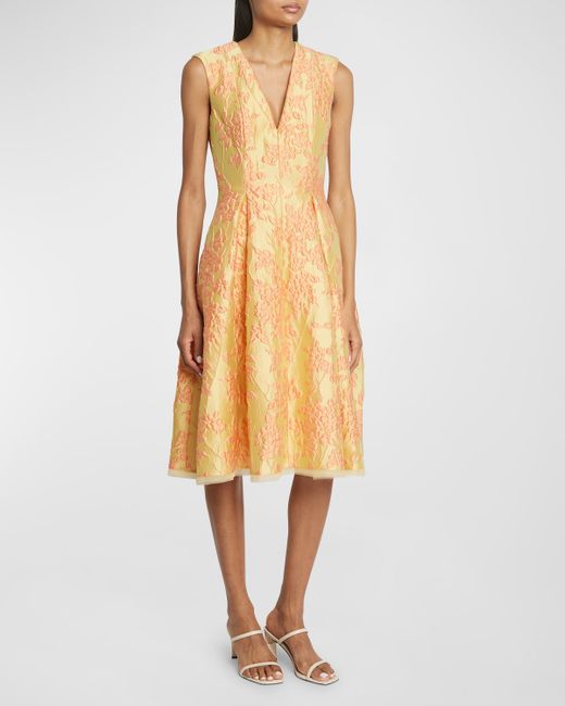 Talbot Runhof Mimosa Jacquard V-Neck Sleeveless Dress