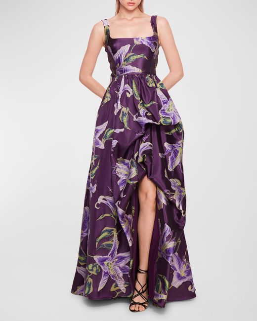 Marchesa Notte Square-Neck High-Low Floral Jacquard Gown