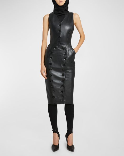 Alaïa Button-Front Sleeveless Leather Midi Vest Dress