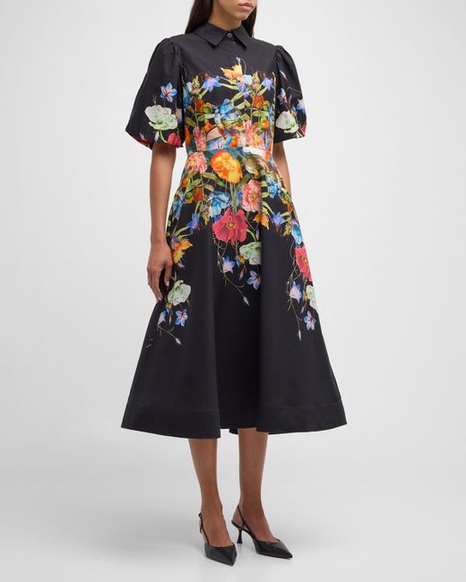 Rickie Freeman for Teri Jon Puff-Sleeve Floral-Print Midi Shirtdress