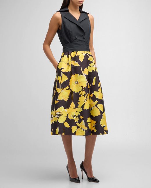 Rickie Freeman for Teri Jon Sleeveless Floral-Print Taffeta Midi Shirtdress
