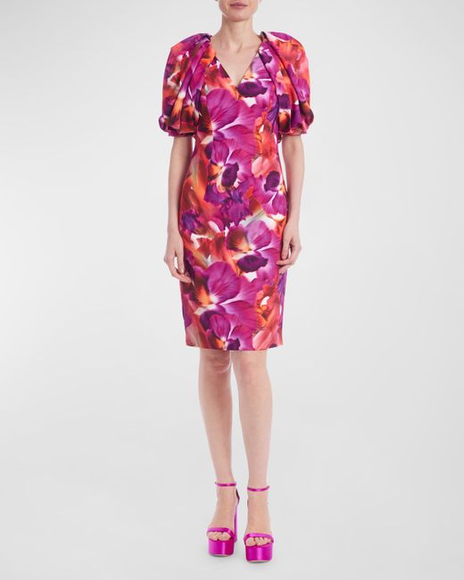Badgley Mischka Collection Floral-Print Blouson-Sleeve Bodycon Midi Dress