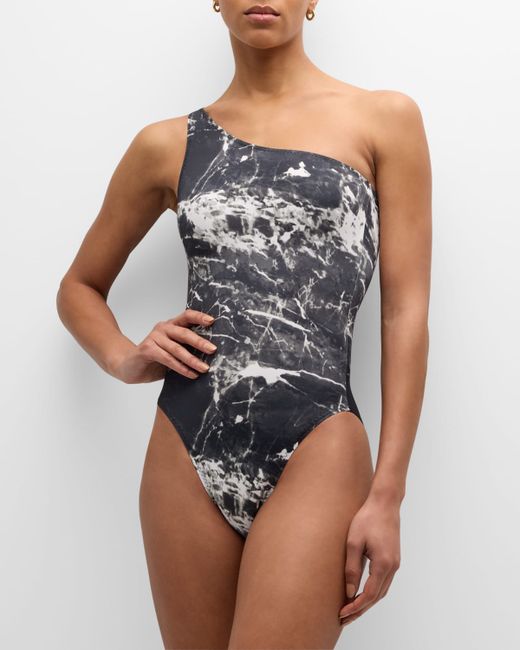 Norma Kamali Marble One-Shoulder One-Piece Swimsuit
